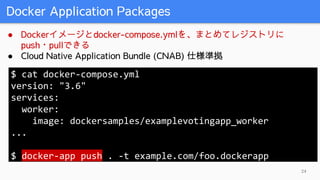 Docker Application Packages
24
● Dockerイメージとdocker-compose.ymlを、まとめてレジストリに
push・pullできる
● Cloud Native Application Bundle (CNAB) 仕様準拠
$ cat docker-compose.yml
version: "3.6"
services:
worker:
image: dockersamples/examplevotingapp_worker
...
$ docker-app push . -t example.com/foo.dockerapp
 