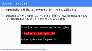 docker expose
33
● ngrokを用いて簡単にコンテナをインターネットに公開できる
● Dockerホストからngrokにコネクションを張り、reverse forwardするの
で、Dockerホストのポートを開けたりしなくて済む
$ docker run --name nginx -d nginx
$ docker expose nginx 80
...
https://deadbeef.ngrok.io
...
https://github.com/lukaszlach/clip/tree/master/clips/expose
 
