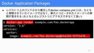 Docker Application Packages
25
● レジストリ上のバンドルから復元したdocker-compose.yml には、もとも
と参照されていたイメージではなく、新たにコピーされたイメージへの参
照が含まれる (もともと...