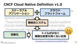 © ZOZO Technologies, Inc.
25
CNCF Cloud Native Definition v1.0
Cloud native technologies empower organizations to
build and run scalable applications in modern,
dynamic environments.
These techniques enable loosely coupled systems
that are resilient, manageable, and observable.
Combined with robust automation, they allow
engineers to make high-impact changes frequently
and predictably with minimal toil.
https://github.com/cncf/toc/blob/master/DEFINITION.md
スケーラブル
アプリケーション
クラウド
プラットフォーム
疎結合システム
自動化
トイルが少なく
頻繁な変更も怖くない日常
 
