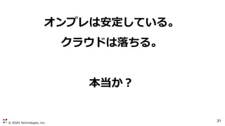 © ZOZO Technologies, Inc.
31
オンプレは安定している。
クラウドは落ちる。
本当か？
 