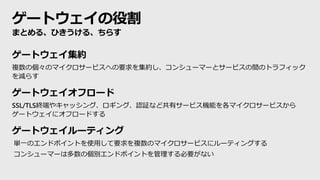 ゲートウェイの役割
まとめる、ひきうける、ちらす
ゲートウェイ集約
複数の個々のマイクロサービスへの要求を集約し、コンシューマーとサービスの間のトラフィック
を減らす
ゲートウェイオフロード
SSL/TLS終端やキャッシング、ロギング、認証など共有サービス機能を各マイクロサービスから
ゲートウェイにオフロードする
ゲートウェイルーティング
単一のエンドポイントを使用して要求を複数のマイクロサービスにルーティングする
コンシューマーは多数の個別エンドポイントを管理する必要がない
 