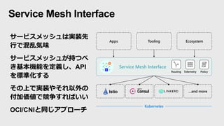 Apps Tooling Ecosystem
…and more
Service Mesh Interface
Routing Telemetry Policy
Kubernetes
Service Mesh Interface
サービスメッシュは実装先
行で混乱気味
サービスメッシュが持つべ
き基本機能を定義し、API
を標準化する
その上で実装やそれ以外の
付加価値で競争すればいい
OCI/CNIと同じアプローチ
 