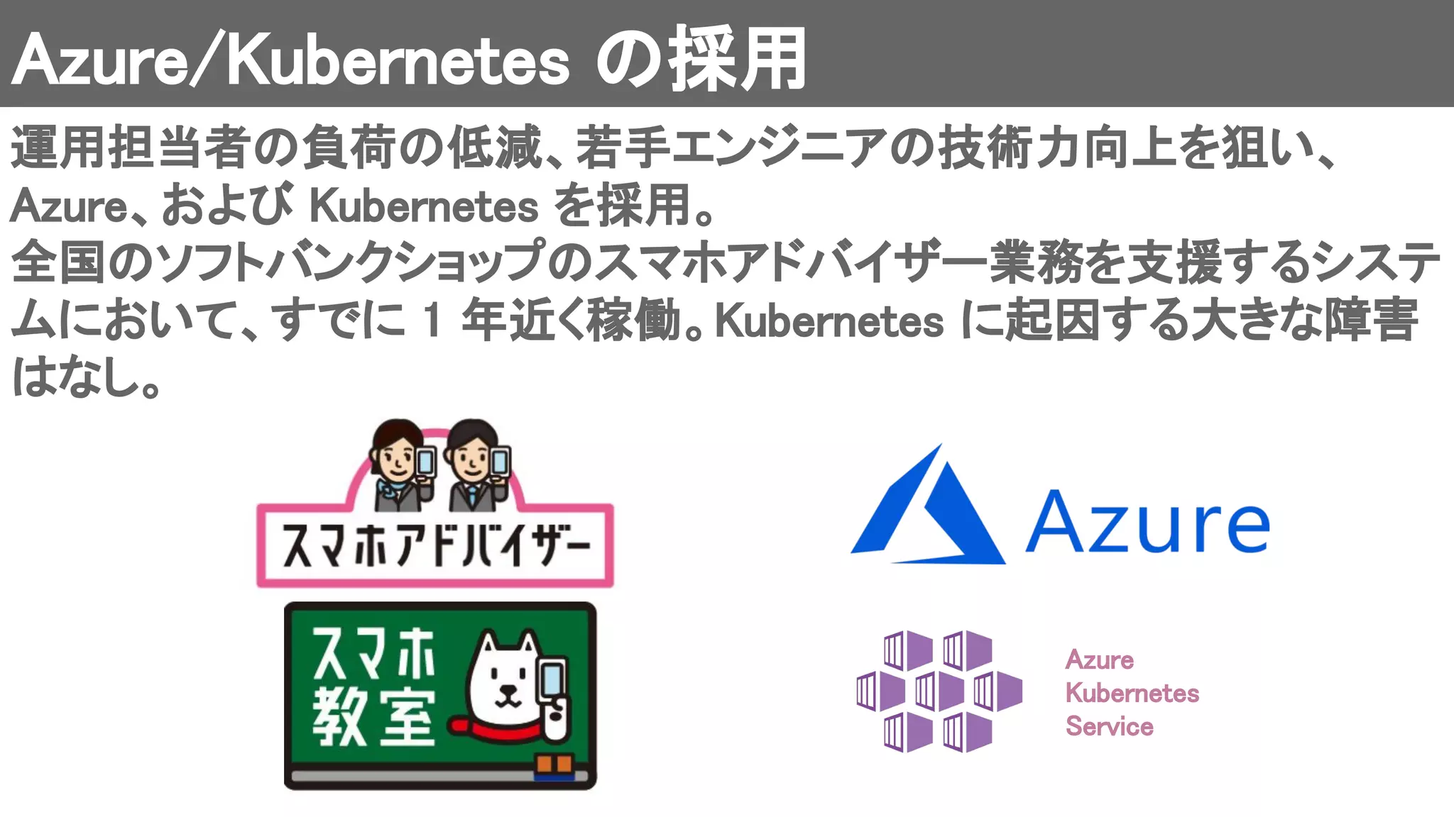 Azure  
Kubernetes 
Service 
Azure/Kubernetes の採用 
運用担当者の負荷の低減、若手エンジニアの技術力向上を狙い、
Azure、および Kubernetes を採用。 
全国のソフトバンクショップのスマホアドバイザー業務を支援するシステ
ムにおいて、すでに 1 年近く稼働。Kubernetes に起因する大きな障害
はなし。 
 