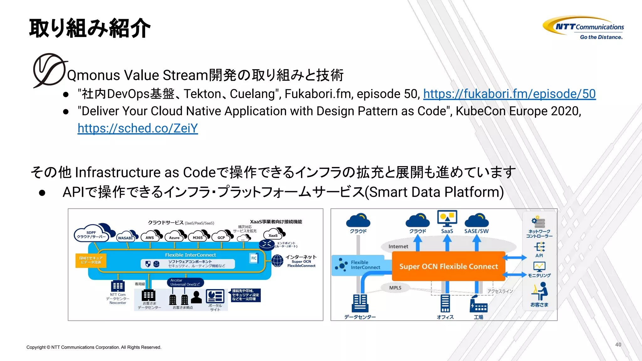 Copyright © NTT Communications Corporation. All Rights Reserved.
取り組み紹介
　Qmonus Value Stream開発の取り組みと技術
● "社内DevOps基盤、Tekton、Cuelang", Fukabori.fm, episode 50, https://fukabori.fm/episode/50
● "Deliver Your Cloud Native Application with Design Pattern as Code", KubeCon Europe 2020,
https://sched.co/ZeiY
40
その他 Infrastructure as Codeで操作できるインフラの拡充と展開も進めています
● APIで操作できるインフラ・プラットフォームサービス(Smart Data Platform)
 