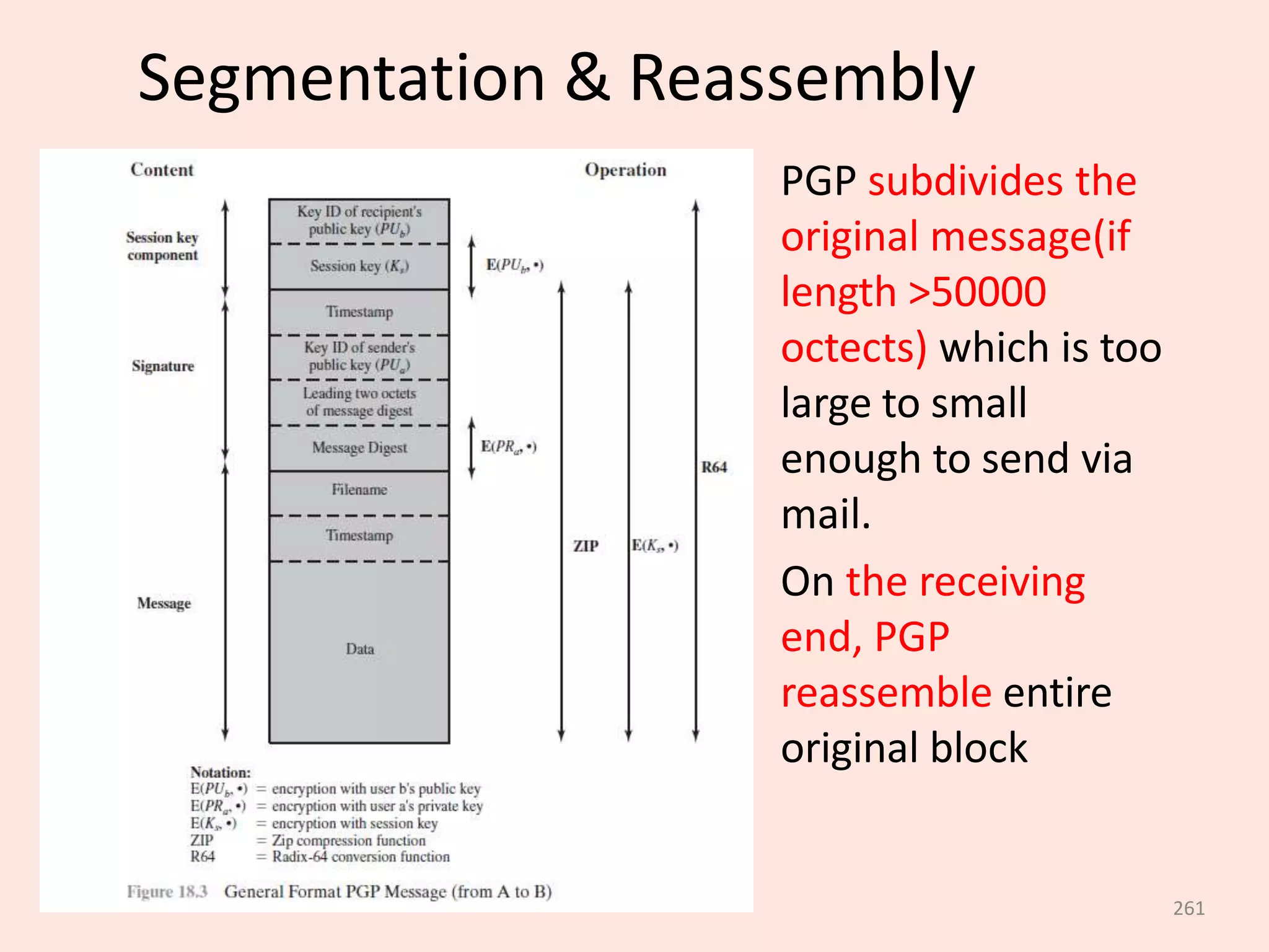 261
Segmentation & Reassembly
• PGP subdivides the
original message(if
length >50000
octects) which is too
large to small
enough to send via
mail.
• On the receiving
end, PGP
reassemble entire
original block
 
