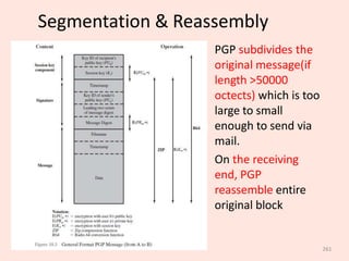 261
Segmentation & Reassembly
• PGP subdivides the
original message(if
length >50000
octects) which is too
large to small
enough to send via
mail.
• On the receiving
end, PGP
reassemble entire
original block
 
