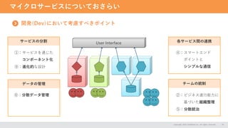 マイクロサービスについておさらい
Copyright 2024 CASAREAL,Inc. All rights reserved. 10
開発(Dev)において考慮すべきポイント
User Interface
サービスの分割
データの管理
各サービス間の連携
チームの統制
①：サービスを通じた
コンポーネント化
⑨：進化的な設計
⑥：分散データ管理
④：スマートエンド
ポイントと
シンプルな通信
②：ビジネス遂行能力に
基づいた組織整理
⑤：分散統治
 