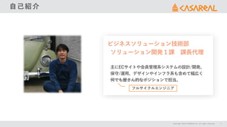 ビジネスソリューション技術部
ソリューション開発１課 課長代理
Copyright 2024 CASAREAL,Inc. All rights reserved. 2
自己紹介
主にECサイトや会員管理系システムの設計/開発、
保守/運用、デザインやインフラ系も含めて幅広く
何でも屋さん的なポジションで担当。
フルサイクルエンジニア
 