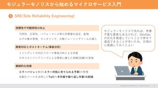 モジュラーモノリスから始めるマイクロサービス入門
Copyright 2024 CASAREAL,Inc. All rights reserved. 25
SRE(Site Reliability Engineering)
信頼性や可観測性の向上
可用性、応答性、パフォーマンス等の目標値を設定、監視
ログの集中管理、モニタリング、分散トレーシングツールの導入
障害対応とポストモーテム(事後分析)
継続的な改善
インシデントの対応フローや事後分析による改善
カオスエンジニアリングによる障害に備えた実験(訓練)の実施
エラーバジェット(≒エラー対処に充てられる予算)の管理
自動化ツールを活用したToil(≒手作業や繰り返し作業)の削減
モジュラーモノリスであれば、考慮
不要な要素もあるけれど、DevOps
の文化を推進していくことで併せて
達成できることが多いため、日頃か
ら意識しておくとよい
 