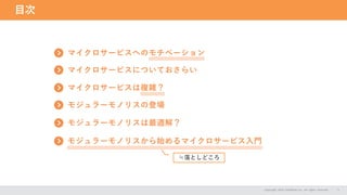 目次
Copyright 2024 CASAREAL,Inc. All rights reserved. 5
マイクロサービスへのモチベーション
マイクロサービスについておさらい
マイクロサービスは複雑？
モジュラーモノリスの登場
モジュラーモノリスは最適解？
モジュラーモノリスから始めるマイクロサービス入門
≒落としどころ
 