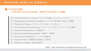 マイクロサービスについておさらい
Copyright 2024 CASAREAL,Inc. All rights reserved. 9
9つの主な特徴
※2014年にJames Lewis氏・Martin Fowler氏より発表
①：Componentization via Services（サービスを通じたコンポーネント化）
②：Organized around Business Capabilities（ビジネス遂行能力に基づいた組織）
③：Products not Projects（プロジェクトではなくプロダクト）
④：Smart endpoints and dumb pipes（スマートエンドポイントとシンプルな通信）
⑤：Decentralized Governance（分散統治）
⑥：Decentralized Data Management（分散データ管理）
⑦：Infrastructure Automation（インフラの自動化）
⑧：Design for failure（障害発生を前提とした設計）
⑨：Evolutionary Design（進化的な設計）
引用元：https://martinfowler.com/articles/microservices.html
 
