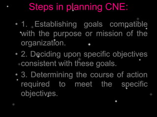 Steps in planning CNE:
• 1. Establishing goals compatible
with the purpose or mission of the
organization.
• 2. Deciding upon specific objectives
consistent with these goals.
• 3. Determining the course of action
required to meet the specific
objectives.
 