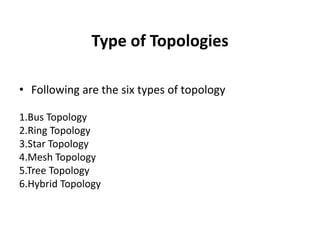 Type of Topologies
• Following are the six types of topology
1.Bus Topology
2.Ring Topology
3.Star Topology
4.Mesh Topology
5.Tree Topology
6.Hybrid Topology
 
