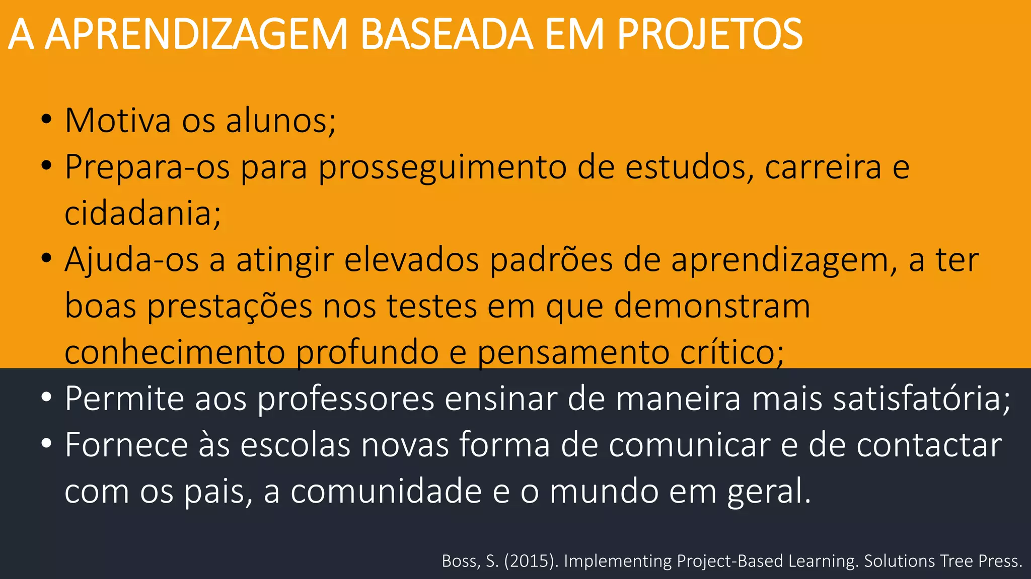 A APRENDIZAGEM BASEADA EM PROJETOS
• Motiva os alunos;
• Prepara-os para prosseguimento de estudos, carreira e
cidadania;
• Ajuda-os a atingir elevados padrões de aprendizagem, a ter
boas prestações nos testes em que demonstram
conhecimento profundo e pensamento crítico;
• Permite aos professores ensinar de maneira mais satisfatória;
• Fornece às escolas novas formas de comunicar e de contactar
com os pais, a comunidade e o mundo em geral.
Boss, S. (2015). Implementing Project-Based Learning. Solutions Tree Press.