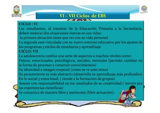 VI – VII Ciclos de EBS
CICLO : VI
Las estudiantes, al transitar de la Educación Primaria a la Secundaria,
deben mejorar dos situaciones nuevas en sus vidas:
la primera situación tiene que ver con su vida personal
La segunda está vinculada con su nuevo entorno educativo por los ajustes de
los programas y estilos de enseñanza y aprendizaje
CICLO: VII
La adolescencia cambia una serie de aspectos a muchos niveles como:
Físicos, emocionales, psicológicos, sociales, mentales (permite cambiar en
la forma de procesar y construir conocimientos)
Su identidad e imagen corporal (como se ve ante otros)
Su pensamiento es más abstracto.(desarrolla su aprendizaje más profundos)
En lo social y emocional, ( tiende a la formación de grupos)
Asume con responsabilidad en los resultados de su creatividad,( interés por
las experiencias científicas)
Se comunica de manera libre y autónoma (libre actuación).
Mg. JASA
 