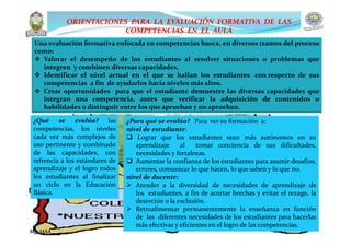 ORIENTACIONES PARA LA EVALUACIÓN FORMATIVA DE LAS
COMPETENCIAS EN EL AULA
Una evaluación formativa enfocada en competencias busca, en diversos tramos del proceso
como:
 Valorar el desempeño de los estudiantes al resolver situaciones o problemas que
integren y combinen diversas capacidades.
 Identificar el nivel actual en el que se hallan los estudiantes con respecto de sus
competencias a fin de ayudarlos hacia niveles más altos.
 Crear oportunidades para que el estudiante demuestre las diversas capacidades que
integran una competencia, antes que verificar la adquisición de contenidos o
habilidades o distinguir entre los que aprueban y no aprueban.
¿Qué se evalúa? las
competencias, los niveles
cada vez más complejos de
uso pertinente y combinado
de las capacidades, con
refrencia a los estándares de
aprendizaje y el logro todos
los estudiantes al finalizar
un ciclo en la Educación
Básica.
¿Para qué se evalúa? Para ver su formación a:
nivel de estudiante:
 Lograr que los estudiantes sean más autónomos en su
aprendizaje al tomar conciencia de sus dificultades,
necesidades y fortalezas.
 Aumentar la confianza de los estudiantes para asumir desafíos,
errores, comunicar lo que hacen, lo que saben y lo que no.
nivel de docente:
 Atender a la diversidad de necesidades de aprendizaje de
los estudiantes, a fin de acortar brechas y evitar el rezago, la
deserción o la exclusión.
 Retroalimentar permanentemente la enseñanza en función
de las diferentes necesidades de los estudiantes para hacerlas
más efectivas y eficientes en el logro de las competencias.
Mg. JASA
 