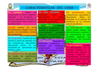 CARACTERISTICAS DEL CNEB
Es gradual. Deben ser
programados en forma progresiva
siguiendo a los estudiantes su
grado de aprendizaje y dominio en
un determinado tema tratado en
su nivel y ciclo.
De baja densidad. los
contenidos deben ser
diversificados al tiempo
disponible en los procesos de
enseñanza aprendizaje.
De pertinencia. Las
competencias, capacidades y
desempeños deben ser
aplicables en la solución de
problemas en un contexto
para los estudiantes
Flexible. permite una cierta
flexibilidad para adaptar temas de
acorde a las necesidades e interés
del estudiantado.
Es abierto. Permite
incorporar competencias de
acuerdo al diagnóstico y las
potencialidades naturales,
culturales, productivas y socio
económicas de cada región.
Es diversificable. Cada
región puede adecuar las
diversificaciones ,conforme a
las características de cada
localidad siguiendo los
lineamientos del currículo
nacional.
Es integrador. Permite dar una
mirada el perfil del egresado con
sus competencias, capacidades,
desempeño dentro de los
estándares de aprendizajes por
niveles y ciclos
Es Valorativo. Responde al
desarrollo armonioso e
integral del estudiante
promoviendo actitudes
loables de convivencia mutua
dentro de la sociedad,
Es significativo. Ya que tiene
en cuenta las experiencias,
conocimientos previos y
necesidades de los estudiantes.
Es participativo. Permite
la participación de la
sociedad educativa y la
comuna para elaborar el
currículo mediante la
diversificación permanente
conforme a las innovaciones
y necesidades de los
estudiantes y la comunidad.
Mg. JASA
 