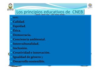 Los principios educativos de CNEB
 son:
 Calidad.
 Equidad.
 Ética.
 Democracia.
 Conciencia ambiental.
 Interculturalidad.
 Inclusión.
 Creatividad e innovación.
 Igualdad de género y
 Desarrollo sostenible.
Mg. JASA
 