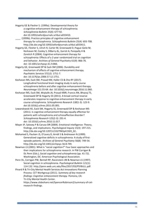 16
Hogarty GE & Flesher S. (1999a). Developmental theory for
a cognitive enhancement therapy of schizophrenia.
Schizophrenia Bulletin 25(4): 677-92.
doi:10.1093/oxfordjournals.schbul.a033410.
____ (1999b). Practice principles of cognitive enhancement
therapy for schizophrenia. Schizophrenia Bulletin 25(4): 693-708.
http://dx.doi.org/10.1093/oxfordjournals.schbul.a033411.
Hogarty GE, Flesher S, Ulrich R, Carter M, Greenwald D, Pogue-Geile M,
Keshavan M, Cooley S, DiBarry AL, Garret A, Parepally H &
Zoretich R (2004). Cognitive enhancement therapy for
schizophrenia: Effects of a 2-year randomized trial on cognition
and behavior. Archives of General Psychiatry 61(9): 866-76.
doi: 10.1001/archpsyc.61.9.866.
Hogarty GE, Greenwald DP & Eack SM (2006). Durability and
mechanism of effects of cognitive enhancement therapy.
Psychiatric Services 57(12): 1751-7.
doi: 10.1176/ps.2006.57.12.1751.
Keshavan MS, Eack SM, Prasad KM, Haller CS & Cho RY (2017).
Longitudinal functional brain imaging study in early course
schizophrenia before and after cognitive enhancement therapy.
NeuroImage 151:55-64. doi: 10.1016/j.neuroimage.2016.11.060.
Keshavan MS, Eack SM, Wojtalik JA, Prasad KMR, Francis AN, Bhojraj TS,
Greenwald DP & Hogarty SS (2011). A broad cortical reserve
accelerates response to cognitive enhancement therapy in early
course schizophrenia. Schizophrenia Research 130(1-3): 123-9.
doi:10.1016/j.schres.2011.05.001.
Lewandowski KE, Eack SM, Hogarty SS, Greenwald DP & Keshavan MS
(2011). Is cognitive enhancement therapy equally effective for
patients with schizophrenia and schizoaffective disorder?
Schizophrenia Research 125(2-3): 291-4.
doi: 10.1016/j.schres.2010.11.017.
Mayer JP, Salovey P & Caruso DR (2004). Emotional intelligence: Theory,
findings, and implications. Psychological Inquiry 15(3): 197-215.
http://dx.doi.org/10.1207/s15327965pli1503_02..
Mohamed S, Paulsen JS, O’Leary D, Arndt S & Andreasen N (1999).
Generalized cognitive deficits in schizophrenia: A study of first-
episode patients. Archives of General Psychiatry 56(8): 749-54.
http://dx.doi.org/10.1001/archpsyc.56.8.749.
Newman LS (2001). What is “social cognition?” Four basic approaches and
their implications for schizophrenia research. In PW Corrigan &
DL Penn (Eds.), Social cognition and schizophrenia (pp. 41-72).
Washington, DC: American Psychological Association.
Penn DL, Corrigan PW, Bentall RP, Racenstein JM & Newman LS (1997).
Social cognition in schizophrenia. Psychological Bulletin 121(1):
114-132. http://penn.web.unc.edu/files/2017/03/PSYBULL.pdf.
Pinard R & Tri-City Mental Health Services Act Innovations Planning
Process: CET Workgroup (2011). Summary of key research
findings: Cognitive enhancement therapy. Pomona, CA:
Tri-City Mental Health Center.
https://www.slideshare.net/SpencerRobinson2/summary-of-cet-
research-findings.
 