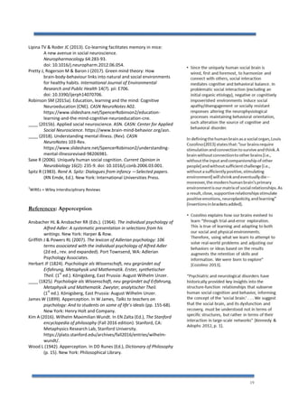 19
Lipina TV & Roder JC (2013). Co-learning facilitates memory in mice:
A new avenue in social neuroscience.
Neuropharmacology 64:283-93.
doi: 10.1016/j.neuropharm.2012.06.054.
Pretty J, Rogerson M & Baron J (2017). Green mind theory: How
brain-body-behaviour links into natural and social environments
for healthy habits. International Journal of Environmental
Research and Public Health 14(7). pii: E706.
doi: 10.3390/ijerph14070706.
Robinson SM (2015a). Education, learning and the mind: Cognitive
Neuroeducation (CNE). CASN NeuroNotes A02.
https://www.slideshare.net/SpencerRobinson2/education-
learning-and-the-mind-cognitive-neuroeducation-cne.
____ (2015b). Applied social neuroscience. ASN. CASN: Center for Applied
Social Neuroscience. https://www.brain-mind-behavior.org/asn.
____ (2018). Understanding mental illness. (Rev). CASN
NeuroNotes 103-Rev.
https://www.slideshare.net/SpencerRobinson2/understanding-
mental-illnessrevised-98206981.
Saxe R (2006). Uniquely human social cognition. Current Opinion in
Neurobiology 16(2): 235-9. doi: 10.1016/j.conb.2006.03.001.
Spitz R (1983). René A. Spitz: Dialogues from infancy —Selected papers.
(RN Emde, Ed.). New York: International Universities Press.
1
WIREs = Wiley Interdisciplinary Reviews
References: Apperception
Ansbacher HL & Ansbacher RR (Eds.). (1964). The individual psychology of
Alfred Adler: A systematic presentation in selections from his
writings. New York: Harper & Row.
Griffith J & Powers RL (2007). The lexicon of Adlerian psychology: 106
terms associated with the individual psychology of Alfred Adler
(2d ed., rev. and expanded). Port Townsend, WA: Adlerian
Psychology Associates.
Herbart JF (1824). Psychologie als Wissenschaft, neu gegründet auf
Erfahrung, Metaphysik und Mathematik. Erster, synthetischer
Theil. (1
st
ed.). Königsberg, East Prussia: August Wilhelm Unzer.
____ (1825). Psychologie als Wissenschaft, neu gegründet auf Erfahrung,
Metaphysik und Mathematik. Zweyter, analytischer Theil.
(1
st
ed.). Königsberg, East Prussia: August Wilhelm Unzer.
James W (1899). Apperception. In W James, Talks to teachers on
psychology: And to students on some of life’s ideals (pp. 155-68).
New York: Henry Holt and Company.
Kim A (2016). Wilhelm Maximilian Wundt. In EN Zalta (Ed.), The Stanford
encyclopedia of philosophy (Fall 2016 edition). Stanford, CA:
Metaphysics Research Lab, Stanford University.
https://plato.stanford.edu/archives/fall2016/entries/wilhelm-
wundt/.
Wood L (1942). Apperception. In DD Runes (Ed.), Dictionary of Philosophy
(p. 15). New York: Philosophical Library.
 