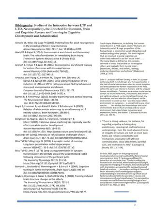 21
Bibliography: Studies of the Interaction between LTP and
LTD, Neuroplasticity, the Enriched Environment, Brain
and Cognitive Reserve and Learning in Cognitive
Development and Rehabilitation
Aimone JB, Wiles J & Gage FH (2006). Potential role for adult neurogenesis
in the encoding of time in new memories.
Nature Neuroscience 9(6): 723-7. doi: 10.1038/nn1707.
Alwis DS & Rajan R (2014). Environmental enrichment and the sensory
brain: The role of enrichment in remediating brain injury.
Frontiers in Systems Neuroscience 8 (Article 156).
doi: 10.3389/fnsys.2014.00156.
Aronoff E, Hillyer R & Leon M (2016). Environmental enrichment therapy
for autism: Outcomes with increased access.
Neural Plasticity 2016 (Article ID 2734915).
doi: 10.1155/2016/2734915.
Artola A, von Frijtag JC, Fermont PC, Gispen WH, Schrama LH,
Kamal A & Spruijt BM (2006). Long-lasting modulation of the
induction of LTD and LTP in rat hippocampal CA1 by behavioural
stress and environmental enrichment.
European Journal of Neuroscience 23(1): 261-72.
doi: 10.1111/j.1460-9568.2005.04552.x.
Barnes SJ & Finnerty GT (2010). Sensory experience and cortical rewiring.
The Neuroscientist 16(2): 186-98.
doi: 10.1177/1073858409343961.
Begré S, Frommer A, von Känel R, Kiefer C & Federspiel A (2007).
Relation of white matter anisotropy to visual memory in 17
healthy subjects. Brain Research 1168:60-6.
doi: 10.1016/j.brainres.2007.06.096.
Bengtsson SL, Nagy Z, Skare S, Forsman L, Forssberg H &
Ullén F (2005). Extensive piano practicing has regionally specific
effects on white matter development.
Nature Neuroscience 8(9): 1148-50.
doi: 10.1038/nn1516. https://www.nature.com/articles/nn1516.
Blackerby WF (1990). Intensity of rehabilitation and length of stay.
Brain Injury 4(2): 167-73. doi: 10.3109/02699059009026162.
Bliss TVP & Collingridge GL (1993). A synaptic model of memory:
Long-term potentiation in the hippocampus.
Nature 361(6407): 31-9. doi: 10.1038/361031a0.
Bliss TVP & Lomo T (1973). Long-lasting potentiation of synaptic
transmission in the dentate area of the anaesthetized rabbit
following stimulation of the perforant path.
The Journal of Physiology 232(2): 331-56.
https://doi.org/10.1113/jphysiol.1973.sp010273.
Boman I-L, Lindstedt M, Hemmingsson H & Bartfai A (2004). Cognitive
training in home environment. Brain Injury 18(10): 985-95.
doi: 10.1080/02699050410001672396.
Boyke J, Driemeyer J, Gaser C, Büchel C & May A (2008). Training-induced
brain structure changes in the elderly.
The Journal of Neuroscience 28(28): 7031-5.
doi: 10.1523/JNEUROSCI.0742-08.2008.
Neurosurgery & Psychiatry 46(4): 336-44.
https://www.ncbi.nlm.nih.gov/pmc/articles/PMC1027357/.
 