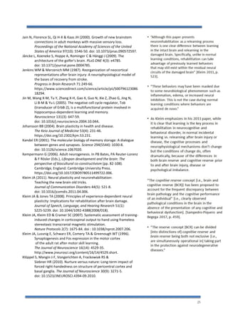 25
Jain N, Florence SL, Qi H-X & Kaas JH (2000). Growth of new brainstem
connections in adult monkeys with massive sensory loss.
Proceedings of the National Academy of Sciences of the United
States of America 97(10): 5546-50. doi: 10.1073/pnas.090572597.
Jäncke L, Koeneke S, Hoppe A, Rominger C & Hänggi J (2009). The
architecture of the golfer's brain. PLoS ONE 4(3): e4785.
doi: 10.1371/journal.pone.0004785.
Jenkins WM & Merzenich MM (1987). Reorganization of neocortical
representations after brain injury: A neurophysiological model of
the bases of recovery from stroke.
Progress in Brain Research 71:249-66.
https://www.sciencedirect.com/science/article/pii/S00796123086
18294.
Jin M, Wang X-M, Tu Y, Zhang X-H, Gao X, Guo N, Xie Z, Zhao G, Jing N,
Li B-M & Yu L (2005). The negative cell cycle regulator, Tob
(transducer of ErbB-2), is a multifunctional protein involved in
hippocampus-dependent learning and memory.
Neuroscience 131(3): 647-59.
doi: 10.1016/j.neuroscience.2004.10.044.
Johansson BB (2004). Brain plasticity in health and disease.
The Keio Journal of Medicine 53(4): 231-46.
https://doi.org/10.2302/kjm.53.231.
Kandel ER (2001). The molecular biology of memory storage: A dialogue
between genes and synapses. Science 294(5544): 1030-8.
doi: 10.1126/science.1067020.
Kempermann G (2006). Adult neurogenesis. In PB Bates, PA Reuter-Lorenz
& F Rösler (Eds.), Lifespan development and the brain: The
perspective of biocultural co-constructivism (pp. 82-108).
Cambridge, England: Cambridge University Press.
https://doi.org/10.1017/CBO9780511499722.006.
Kleim JA (2011). Neural plasticity and neurorehabilitation:
Teaching the new brain old tricks.
Journal of Communication Disorders 44(5): 521-8.
doi: 10.1016/jcomdis.2011.04.006.
Kleim JA & Jones TA (2008). Principles of experience-dependent neural
plasticity: Implications for rehabilitation after brain damage.
Journal of Speech, Language, and Hearing Research 51(1):
S225-S239. doi: 10.1044/1092-4388(2008/018).
Kleim JA, Kleim ED & Cramer SC (2007). Systematic assessment of training-
induced changes in corticospinal output to hand using frameless
stereotaxic transcranial magnetic stimulation.
Nature Protocols 2(7): 1675-84. doi : 10.1038/nprot.2007.206.
Kleim JA, Lussnig E, Schwarz ER, Comery TA & Greenough WT (1996).
Synaptogenesis and Fos expression in the motor cortex
of the adult rat after motor skill learning.
The Journal of Neuroscience 16(14): 4529-35.
http://www.jneurosci.org/content/16/14/4529.short.
Klöppel S, Mangin J-F, Vongerichten A, Frackowiak RS &
Siebner HR (2010). Nurture versus nature: Long-term impact of
forced right-handedness on structure of pericentral cortex and
basal ganglia. The Journal of Neuroscience 30(9): 3271-5.
doi: 10.1523/JNEUROSCI.4394-09.2010.
 
