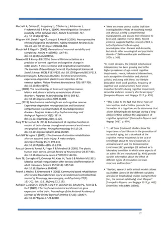 27
Mechelli A, Crinion JT, Noppeney U, O'Doherty J, Ashburner J,
Frackowiak RS & Price CJ (2004). Neurolinguistics: Structural
plasticity in the bilingual brain. Nature 431(7010): 757.
doi: 10.1038/431757a.
Milgram NW, Siwak-Tapp CT, Araujo J & Head E (2006). Neuroprotective
effects of cognitive enrichment. Ageing Research Reviews 5(3):
354-69. doi: 10.1016/j.arr.2006.04.004.
Muotri AR & Gage FH (2006). Generation of neuronal variability and
complexity. Nature 441(7097): 1087-93.
doi: 10.1038/nature04959.
Newson RS & Kemps EB (2005). General lifetime activities as a
predictor of current cognition and cognitive change in
older adults: A cross-sectional and longitudinal examination.
The Journals of Gerontology: Series B, Psychological Sciences &
Social Sciences 60(3): P113-P120. doi: 10.1093/geronb/60.3.P113.
Nithianantharajah J & Hannan AJ (2006). Enriched environments,
experience-dependent plasticity and disorders of the
nervous system. Nature Reviews Neuroscience 7(9): 697-709.
doi: 10.1038/nrn1970.
____ (2009). The neurobiology of brain and cognitive reserve:
Mental and physical activity as modulators of brain
disorders. Progress in Neurobiology 89(4): 369-82.
doi: 10.1016/j.pneurobio.2009.10.001.
____ (2011). Mechanisms mediating brain and cognitive reserve:
Experience-dependent neuroprotection and functional
compensation in animal models of neurodegenerative
diseases. Progress in Neuro-Psychopharmacology and
Biological Psychiatry 35(2): 331-9.
doi: 10.1016/j.pnpbp.2010.10.026.
Pang TY & Hannan AJ (2013). Enhancement of cognitive function in
models of brain disease through environmental enrichment
and physical activity. Neuropharmacology 64:515-28.
doi: 10.1016/j.neuropharm.2012.06.029.
Park NW & Ingles JL (2001). Effectiveness of attention rehabilitation
after an acquired brain injury: A meta-analysis.
Neuropsychology 15(2): 199-210.
doi: 10.1037/0894-4105.15.2.199.
Pascual-Leone A, Amedi A, Fregni F & Merabet LB (2005). The plastic
human brain cortex. Annual Review of Neuroscience 28:377-401.
doi: 10.1146/annurev.neuro.27.070203.144216.
Pons TP, Garraghty PE, Ommaya AK, Kaas JH, Taub E & Mishkin M (1991).
Massive cortical reorganization after sensory deafferentation in
adult macaques. Science 252(5014): 1857-60.
doi: 10.1126/science.1843843.
Powell J, Heslin J & Greenwood R (2002). Community based rehabilitation
after severe traumatic brain injury: A randomised controlled trial.
Journal of Neurology, Neurosurgery, and Psychiatry 72(2):
193-202. doi: 10.1136/jnnp.72.2.193.
Rampon C, Jiang CH, Dong H, Tang Y-P, Lockhart DJ, Schultz PG, Tsien JZ &
Hu Y (2000). Effects of environmental enrichment on gene
expression in the brain. Proceedings of the National Academy of
Sciences of the United States of America 97(23): 12880-4.
doi: 10.1073/pnas.97.23.12880.
 
