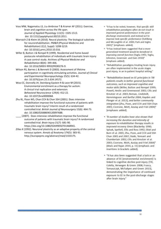 30
Voss MW, Nagamatsu LS, Liu-Ambrose T & Kramer AF (2011). Exercise,
brain and cognition across the life span.
Journal of Applied Physiology 111(5): 1505-1513.
doi: 10.1152/japplphysiol.00210.2011.
Warraich Z & Kleim JA (2010). Neural plasticity: The biological substrate
for neurorehabilitation. PM&R (Physical Medicine and
Rehabilitation) 2(12, Suppl): S208-S219.
doi: 10.1016/j.pmrj.2010.10.016.
Willer B, Button J & Rempel R (1999). Residential and home-based
postacute rehabilitation of individuals with traumatic brain injury:
A case control study. Archives of Physical Medicine and
Rehabilitation 80(4): 399-406.
doi: 10.1016/S0003-9993(99)90276-9.
Wilson RS, Barnes L & Bennett D (2003). Assessment of lifetime
participation in cognitively stimulating activities. Journal of Clinical
and Experimental Neuropsychology 25(5): 634-42.
doi: 10.1076/jcen.25.5.634.14572.
Woo CC, Donnelly JH, Steinberg-Epstein R & Leon M (2015).
Environmental enrichment as a therapy for autism:
A clinical trial replication and extension.
Behavioral Neuroscience 129(4): 412-22.
doi: 10.1037/bne0000068.
Zhu XL, Poon WS, Chan CCH & Chan SSH (2001). Does intensive
rehabilitation improve the functional outcome of patients with
traumatic brain injury? Interim result of a randomized
controlled trial. British Journal of Neurosurgery 15(6): 464-73.
doi: 10.1080/02688690120097688.
____ (2007). Does intensive rehabilitation improve the functional
outcome of patients with traumatic brain injury? A randomized
controlled trial. Brain Injury 21(7): 681-90.
https://doi.org/10.1080/02699050701468941.
Zilles K (1992). Neuronal plasticity as an adaptive property of the central
nervous system. Annals of Anatomy 174(5): 383-91.
http://europepmc.org/abstract/med/1333175.
 