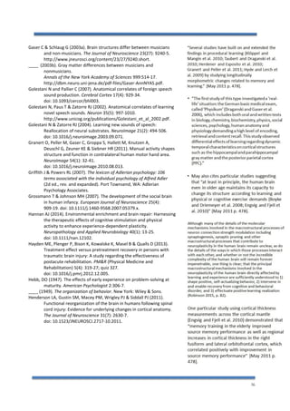 36
Gaser C & Schlaug G (2003a). Brain structures differ between musicians
and non-musicians. The Journal of Neuroscience 23(27): 9240-5.
http://www.jneurosci.org/content/23/27/9240.short.
____ (2003b). Gray matter differences between musicians and
nonmusicians.
Annals of the New York Academy of Sciences 999:514-17.
http://dbm.neuro.uni-jena.de/pdf-files/Gaser-AnnNYAS.pdf.
Golestani N and Pallier C (2007). Anatomical correlates of foreign speech
sound production. Cerebral Cortex 17(4): 929-34.
doi: 10.1093/cercor/bhl003.
Golestani N, Paus T & Zatorre RJ (2002). Anatomical correlates of learning
novel speech sounds. Neuron 35(5): 997-1010.
http://www.unicog.org/publications/Golestani_et_al_2002.pdf.
Golestani N & Zatorre RJ (2004). Learning new sounds of speech:
Reallocation of neural substrates. NeuroImage 21(2): 494-506.
doi: 10.1016/j.neuroimage.2003.09.071.
Granert O, Peller M, Gaser C, Groppa S, Hallett M, Knutzen A,
Deuschl G, Zeuner KE & Siebner HR (2011). Manual activity shapes
structure and function in contralateral human motor hand area.
NeuroImage 54(1): 32-41.
doi: 10.1016/j.neuroimage.2010.08.013.
Griffith J & Powers RL (2007). The lexicon of Adlerian psychology: 106
terms associated with the individual psychology of Alfred Adler
(2d ed., rev. and expanded). Port Townsend, WA: Adlerian
Psychology Associates.
Grossmann T & Johnson MH (2007). The development of the social brain
in human infancy. European Journal of Neuroscience 25(4):
909-19. doi: 10.1111/j.1460-9568.2007.05379.x.
Hannan AJ (2014). Environmental enrichment and brain repair: Harnessing
the therapeutic effects of cognitive stimulation and physical
activity to enhance experience-dependent plasticity.
Neuropathology and Applied Neurobiology 40(1): 13-25.
doi: 10.1111/nan.12102.
Hayden ME, Plenger P, Bison K, Kowalske K, Masel B & Qualls D (2013).
Treatment effect versus pretreatment recovery in persons with
traumatic brain injury: A study regarding the effectiveness of
postacute rehabilitation. PM&R (Physical Medicine and
Rehabilitation) 5(4): 319-27; quiz 327.
doi: 10.1016/j.pmrj.2012.12.005.
Hebb, DO (1947). The effects of early experience on problem-solving at
maturity. American Psychologist 2:306-7.
____ (1949). The organization of behavior. New York: Wiley & Sons.
Henderson LA, Gustin SM, Macey PM, Wrigley PJ & Siddall PJ (2011).
Functional reorganization of the brain in humans following spinal
cord injury: Evidence for underlying changes in cortical anatomy.
The Journal of Neuroscience 31(7): 2630-7.
doi: 10.1523/JNEUROSCI.2717-10.2011.
 