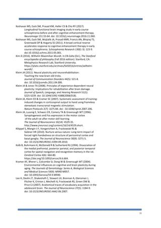 39
Keshavan MS, Eack SM, Prasad KM, Haller CS & Cho RY (2017).
Longitudinal functional brain imaging study in early course
schizophrenia before and after cognitive enhancement therapy.
NeuroImage 151:55-64. doi: 10.1016/j.neuroimage.2016.11.060.
Keshavan MS, Eack SM, Wojtalik JA, Prasad KMR, Francis AN, Bhojraj TS,
Greenwald DP & Hogarty SS (2011). A broad cortical reserve
accelerates response to cognitive enhancement therapy in early
course schizophrenia. Schizophrenia Research 130(1-3): 123-9.
doi:10.1016/j.schres.2011.05.001.
Kim A (2016). Wilhelm Maximilian Wundt. In EN Zalta (Ed.), The Stanford
encyclopedia of philosophy (Fall 2016 edition). Stanford, CA:
Metaphysics Research Lab, Stanford University.
https://plato.stanford.edu/archives/fall2016/entries/wilhelm-
wundt/.
Kleim JA (2011). Neural plasticity and neurorehabilitation:
Teaching the new brain old tricks.
Journal of Communication Disorders 44(5): 521-8.
doi: 10.1016/jcomdis.2011.04.006.
Kleim JA & Jones TA (2008). Principles of experience-dependent neural
plasticity: Implications for rehabilitation after brain damage.
Journal of Speech, Language, and Hearing Research 51(1):
S225-S239. doi: 10.1044/1092-4388(2008/018).
Kleim JA, Kleim ED & Cramer SC (2007). Systematic assessment of training-
induced changes in corticospinal output to hand using frameless
stereotaxic transcranial magnetic stimulation.
Nature Protocols 2(7): 1675-84. doi : 10.1038/nprot.2007.206.
Kleim JA, Lussnig E, Schwarz ER, Comery TA & Greenough WT (1996).
Synaptogenesis and Fos expression in the motor cortex
of the adult rat after motor skill learning.
The Journal of Neuroscience 16(14): 4529-35.
http://www.jneurosci.org/content/16/14/4529.short.
Klöppel S, Mangin J-F, Vongerichten A, Frackowiak RS &
Siebner HR (2010). Nurture versus nature: Long-term impact of
forced right-handedness on structure of pericentral cortex and
basal ganglia. The Journal of Neuroscience 30(9): 3271-5.
doi: 10.1523/JNEUROSCI.4394-09.2010.
Kolb B, Buhrmann K, McDonald R & Sutherland RJ (1994). Dissociation of
the medial prefrontal, posterior parietal, and posterior temporal
cortex for spatial navigation and recognition memory in the rat.
Cerebral Cortex 4(6): 664-80.
https://doi.org/10.1093/cercor/4.6.664.
Kramer AF, Bherer L, Colcombe SJ, Dong W & Greenough WT (2004).
Environmental influences on cognitive and brain plasticity during
aging. The Journals of Gerontology: Series A, Biological Sciences
and Medical Sciences 59(9): M940-M957.
doi: 10.1093/Gerona/59.9.M940.
Lee H, Devlin JT, Shakeshaft C, Stewart LH, Brennan A, Glensman J,
Pitcher K, Crinion J, Mechelli A, Frackowiak RS, Green DW &
Price CJ (2007). Anatomical traces of vocabulary acquisition in the
adolescent brain. The Journal of Neuroscience 27(5): 1184-9.
doi: 10.1523/JNEUROSCI.4442-06.2007.
 