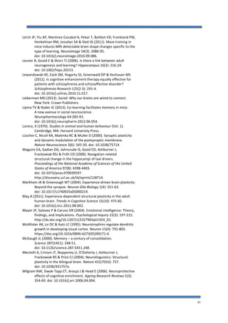 40
Lerch JP, Yiu AP, Martinez-Canabal A, Pekar T, Bohbot VD, Frankland PW,
Henkelman RM, Josselyn SA & Sled JG (2011). Maze training in
mice induces MRI-detectable brain shape changes specific to the
type of learning. NeuroImage 54(3): 2086-95.
doi: 10.1016/j.neuroimage.2010.09.086.
Leuner B, Gould E & Shors TJ (2006). Is there a link between adult
neurogenesis and learning? Hippocampus 16(3): 216-24.
doi: 10.1002/hipo.20153.
Lewandowski KE, Eack SM, Hogarty SS, Greenwald DP & Keshavan MS
(2011). Is cognitive enhancement therapy equally effective for
patients with schizophrenia and schizoaffective disorder?
Schizophrenia Research 125(2-3): 291-4.
doi: 10.1016/j.schres.2010.11.017.
Lieberman MD (2013). Social: Why our brains are wired to connect.
New York: Crown Publishers.
Lipina TV & Roder JC (2013). Co-learning facilitates memory in mice:
A new avenue in social neuroscience.
Neuropharmacology 64:283-93.
doi: 10.1016/j.neuropharm.2012.06.054.
Lorenz, K (1970). Studies in animal and human behaviour (Vol. 1).
Cambridge, MA: Harvard University Press.
Lüscher C, Nicoll RA, Malenka RC & Muller D (2000). Synaptic plasticity
and dynamic modulation of the postsynaptic membrane.
Nature Neuroscience 3(6): 545-50. doi: 10.1038/75714.
Maguire EA, Gadian DG, Johnsrude IS, Good CD, Ashburner J,
Frackowiak RSJ & Frith CD (2000). Navigation-related
structural change in the hippocampi of taxi drivers.
Proceedings of the National Academy of Sciences of the United
States of America 97(8): 4398-4403.
doi: 10.1073/pnas.070039597.
http://discovery.ucl.ac.uk/id/eprint/128714.
Markham JA & Greenough WT (2004). Experience-driven brain plasticity:
Beyond the synapse. Neuron Glia Biology 1(4): 351-63.
doi: 10.1017/s1740925x05000219.
May A (2011). Experience-dependent structural plasticity in the adult
human brain. Trends in Cognitive Science 15(10): 475-82.
doi: 10.1016/j.tics.2011.08.002.
Mayer JP, Salovey P & Caruso DR (2004). Emotional intelligence: Theory,
findings, and implications. Psychological Inquiry 15(3): 197-215.
http://dx.doi.org/10.1207/s15327965pli1503_02.
McAllister AK, Lo DC & Katz LC (1995). Neurotrophins regulate dendritic
growth in developing visual cortex. Neuron 15(4): 791-803.
https://doi.org/10.1016/0896-6273(95)90171-X.
McGaugh JL (2000). Memory – a century of consolidation.
Science 287(5451): 248-51.
doi: 10.1126/science.287.5451.248.
Mechelli A, Crinion JT, Noppeney U, O'Doherty J, Ashburner J,
Frackowiak RS & Price CJ (2004). Neurolinguistics: Structural
plasticity in the bilingual brain. Nature 431(7010): 757.
doi: 10.1038/431757a.
Milgram NW, Siwak-Tapp CT, Araujo J & Head E (2006). Neuroprotective
effects of cognitive enrichment. Ageing Research Reviews 5(3):
354-69. doi: 10.1016/j.arr.2006.04.004.
 