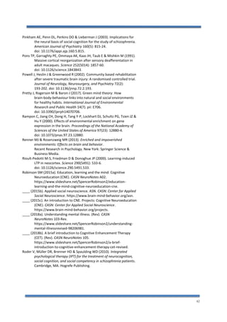 42
Pinkham AE, Penn DL, Perkins DO & Lieberman J (2003). Implications for
the neural basis of social cognition for the study of schizophrenia.
American Journal of Psychiatry 160(5): 815-24.
doi: 10.1176/appi.ajp.160.5.815.
Pons TP, Garraghty PE, Ommaya AK, Kaas JH, Taub E & Mishkin M (1991).
Massive cortical reorganization after sensory deafferentation in
adult macaques. Science 252(5014): 1857-60.
doi: 10.1126/science.1843843.
Powell J, Heslin J & Greenwood R (2002). Community based rehabilitation
after severe traumatic brain injury: A randomised controlled trial.
Journal of Neurology, Neurosurgery, and Psychiatry 72(2):
193-202. doi: 10.1136/jnnp.72.2.193.
Pretty J, Rogerson M & Baron J (2017). Green mind theory: How
brain-body-behaviour links into natural and social environments
for healthy habits. International Journal of Environmental
Research and Public Health 14(7). pii: E706.
doi: 10.3390/ijerph14070706.
Rampon C, Jiang CH, Dong H, Tang Y-P, Lockhart DJ, Schultz PG, Tsien JZ &
Hu Y (2000). Effects of environmental enrichment on gene
expression in the brain. Proceedings of the National Academy of
Sciences of the United States of America 97(23): 12880-4.
doi: 10.1073/pnas.97.23.12880.
Renner MJ & Rosenzweig MR (2013). Enriched and impoverished
environments: Effects on brain and behavior.
Recent Research in Psychology. New York: Springer Science &
Business Media.
Rioult-Pedotti M-S, Friedman D & Donoghue JP (2000). Learning-induced
LTP in neocortex. Science 290(5491): 533-6.
doi: 10.1126/science.290.5491.533.
Robinson SM (2015a). Education, learning and the mind: Cognitive
Neuroeducation (CNE). CASN NeuroNotes A02.
https://www.slideshare.net/SpencerRobinson2/education-
learning-and-the-mind-cognitive-neuroeducation-cne.
____ (2015b). Applied social neuroscience. ASN. CASN: Center for Applied
Social Neuroscience. https://www.brain-mind-behavior.org/asn.
____ (2015c). An introduction to CNE. Projects: Cognitive Neuroeducation
(CNE). CASN: Center for Applied Social Neuroscience.
https://www.brain-mind-behavior.org/projects.
____ (2018a). Understanding mental illness. (Rev). CASN
NeuroNotes 103-Rev.
https://www.slideshare.net/SpencerRobinson2/understanding-
mental-illnessrevised-98206981.
____ (2018b). A brief introduction to Cognitive Enhancement Therapy
(CET). (Rev). CASN NeuroNotes 105.
https://www.slideshare.net/SpencerRobinson2/a-brief-
introduction-to-cognitive-enhancement-therapy-cet-revised.
Roder V, Müller DR, Brenner HD & Spaulding WD (2010). Integrated
psychological therapy (IPT) for the treatment of neurocognition,
social cognition, and social competency in schizophrenia patients.
Cambridge, MA: Hogrefe Publishing.
 