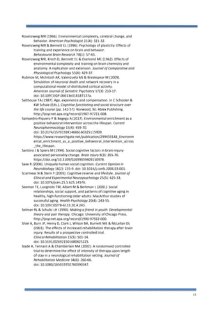 43
Rosenzweig MR (1966). Environmental complexity, cerebral change, and
behavior. American Psychologist 21(4): 321-32.
Rosenzweig MR & Bennett EL (1996). Psychology of plasticity: Effects of
training and experience on brain and behavior.
Behavioural Brain Research 78(1): 57-65.
Rosenzweig MR, Krech D, Bennett EL & Diamond MC (1962). Effects of
environmental complexity and training on brain chemistry and
anatomy: A replication and extension. Journal of Comparative and
Physiological Psychology 55(4): 429-37.
Rubinov M, McIntosh AR, Valenzuela MJ & Breakspear M (2009).
Simulation of neuronal death and network recovery in a
computational model of distributed cortical activity.
American Journal of Geriatric Psychiatry 17(3): 210-17.
doi: 10.1097/JGP.0b013e318187137a.
Salthouse TA (1987). Age, experience and compensation. In C Schooler &
KW Schaie (Eds.), Cognitive functioning and social structure over
the life course (pp. 142-57). Norwood, NJ: Ablex Publishing.
http://psycnet.apa.org/record/1987-97721-008.
Sampedro-Piquero P & Begega A (2017). Environmental enrichment as a
positive behavioral intervention across the lifespan. Current
Neuropharmacology 15(4): 459-70.
doi: 10.2174/1570159X14666160325115909.
https://www.researchgate.net/publication/299459148_Environm
ental_enrichment_as_a_positive_behavioral_intervention_across
_the_lifespan.
Santoro J & Spiers M (1994). Social cognitive factors in brain-injury-
associated personality change. Brain Injury 8(3): 265-76.
https://doi.org/10.3109/02699059409150978.
Saxe R (2006). Uniquely human social cognition. Current Opinion in
Neurobiology 16(2): 235-9. doi: 10.1016/j.conb.2006.03.001.
Scarmeas N & Stern Y (2003). Cognitive reserve and lifestyle. Journal of
Clinical and Experimental Neuropsychology 25(5): 625-33.
doi: 10.1076/jcen.25.5.625.14576.
Seeman TE, Lusignolo TM, Albert M & Berkman L (2001). Social
relationships, social support, and patterns of cognitive aging in
healthy, high-functioning older adults: MacArthur studies of
successful aging. Health Psychology 20(4): 243-55.
doi: 10.1037/0278-6133.20.4.243.
Selman RL & Schultz LH (1990). Making a friend in youth: Developmental
theory and pair therapy. Chicago: University of Chicago Press.
http://psycnet.apa.org/record/1990-97922-000.
Shiel A, Burn JP, Henry D, Clark J, Wilson BA, Burnett ME & McLellan DL
(2001). The effects of increased rehabilitation therapy after brain
injury: Results of a prospective controlled trial.
Clinical Rehabilitation 15(5): 501-14.
doi: 10.1191/026921501680425225.
Slade A, Tennant A & Chamberlain MA (2002). A randomised controlled
trial to determine the effect of intensity of therapy upon length
of stay in a neurological rehabilitation setting. Journal of
Rehabilitation Medicine 34(6): 260-66.
doi: 10.1080/165019702760390347.
 