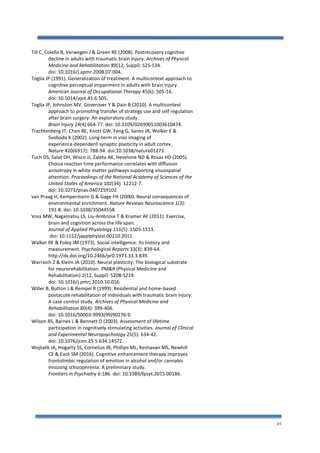 45
Till C, Colella B, Verwegen J & Green RE (2008). Postrecovery cognitive
decline in adults with traumatic brain injury. Archives of Physical
Medicine and Rehabilitation 89(12, Suppl): S25-S34.
doi: 10.1016/j.apmr.2008.07.004.
Toglia JP (1991). Generalization of treatment: A multicontext approach to
cognitive perceptual impairment in adults with brain injury.
American Journal of Occupational Therapy 45(6): 505-16.
doi: 10.5014/ajot.45.6.505.
Toglia JP, Johnston MV, Goverover Y & Dain B (2010). A multicontext
approach to promoting transfer of strategy use and self regulation
after brain surgery: An exploratory study.
Brain Injury 24(4) 664-77. doi: 10.3109/02699051003610474.
Trachtenberg JT, Chen BE, Knott GW, Feng G, Sanes JR, Welker E &
Svoboda K (2002). Long-term in vivo imaging of
experience-dependent synaptic plasticity in adult cortex.
Nature 420(6917): 788-94. doi:10.1038/nature01273.
Tuch DS, Salat DH, Wisco JJ, Zaleta AK, Hevelone ND & Rosas HD (2005).
Choice reaction time performance correlates with diffusion
anisotropy in white matter pathways supporting visuospatial
attention. Proceedings of the National Academy of Sciences of the
United States of America 102(34): 12212-7.
doi: 10.1073/pnas.0407259102.
van Praag H, Kempermann G & Gage FH (2000). Neural consequences of
environmental enrichment. Nature Reviews Neuroscience 1(3):
191-8. doi: 10.1038/35044558.
Voss MW, Nagamatsu LS, Liu-Ambrose T & Kramer AF (2011). Exercise,
brain and cognition across the life span.
Journal of Applied Physiology 111(5): 1505-1513.
doi: 10.1152/japplphysiol.00210.2011.
Walker RE & Foley JM (1973). Social intelligence: Its history and
measurement. Psychological Reports 33(3): 839-64.
http://dx.doi.org/10.2466/pr0.1973.33.3.839.
Warraich Z & Kleim JA (2010). Neural plasticity: The biological substrate
for neurorehabilitation. PM&R (Physical Medicine and
Rehabilitation) 2(12, Suppl): S208-S219.
doi: 10.1016/j.pmrj.2010.10.016.
Willer B, Button J & Rempel R (1999). Residential and home-based
postacute rehabilitation of individuals with traumatic brain injury:
A case control study. Archives of Physical Medicine and
Rehabilitation 80(4): 399-406.
doi: 10.1016/S0003-9993(99)90276-9.
Wilson RS, Barnes L & Bennett D (2003). Assessment of lifetime
participation in cognitively stimulating activities. Journal of Clinical
and Experimental Neuropsychology 25(5): 634-42.
doi: 10.1076/jcen.25.5.634.14572.
Wojtalik JA, Hogarty SS, Cornelius JR, Phillips ML, Keshavan MS, Newhill
CE & Eack SM (2016). Cognitive enhancement therapy improves
frontolimbic regulation of emotion in alcohol and/or cannabis
misusing schizophrenia: A preliminary study.
Frontiers in Psychiatry 6:186. doi: 10.3389/fpsyt.2015.00186.
 