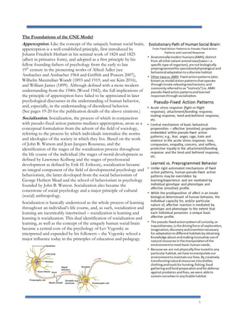 5
The Foundations of the CNE Model
Apperception. Like the concept of the uniquely human social brain,
apperception is a well-established principle, first introduced by
Johann Friedrich Herbart in his seminal work of 1824 and 1825
(albeit in primative form), and adopted as a first principle by his
fellow founding fathers of psychology from the early to late
19th
century in the pioneering works of Alfred Adler (see
Ansbacher and Ansbacher 1964 and Griffith and Powers 2007),
Wilhelm Maximilian Wundt (1893 and 1919, and see Kim 2016),
and William James (1899). Although defined with a more modern
understanding from the 1940s (Wood 1942), the full implications of
the principle of apperception have failed to be appreciated in later
psychological discourses in the understanding of human behavior,
and, especially, in the understanding of disordered behavior.
(See pages 19-20 for the publication details of the above citations.)
Socialization. Socialization, the process of which in conjunction
with pseudo-fixed action patterns mediates apperception, arose as a
conceptual formulation from the advent of the field of sociology,
referring to the process by which individuals internalize the norms
and ideologies of the society in which they live. Based on the work
of John B. Watson and Jean-Jacques Rousseau, and the
identification of the stages of the socialization process throughout
the life course of the individual (the stages of moral development as
defined by Lawrence Kolberg and the stages of psychosocial
development as defined by Erik H. Erikson), socialization became
an integral component of the field of developmental psychology and
behaviorism, the latter developed from the social behaviorism of
George Herbert Mead and the school of behaviorism in psychology
founded by John B. Watson. Socialization also became the
conerstone of social psychology and a major principle of cultural
(social) anthropology.
Socialization is basically understood as the whole process of learning
throughout an individual’s life course, and, as such, socialization and
learning are inextricably intertwined – socialization is learning and
learning is socialization. This dual identification of socialization and
learning, as well as the concept of the uniquely human social brain
became a central core of the psychology of Lev Vygotsky as
interpreted and expanded by his followers – the Vygotsky school a
major influence today in the principles of education and pedagogy.
 
