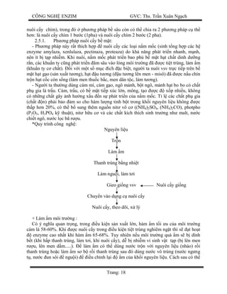 CÔNG NGH ENZIM GVC: Ths. Tr n Xuân Ng ch
Trang: 18
nuôi c y chìm), trong ó ph ng pháp b sâu còn có th chia ra 2 ph ng pháp c th
n: là nuôi c y chìm 1 b c (1pha) và nuôi c y chìm 2 b c (2 pha).
2.5.1. Ph ng pháp nuôi c y b m t:
- Ph ng pháp này r t thích h p nuôi c y các lo i n m m c (sinh t ng h p các h
enzyme amylaza, xenlulaza, pectinaza, proteaza) do kh n ng phát tri n nhanh, m nh,
nên ít b t p nhi m. Khi nuôi, n m m c phát tri n bao ph b m t h t ch t dinh d ng
n, các khu n ty c ng phát tri n âm sâu vào lòng môi tr ng ã c ti t trùng, làm m
(khu n ty c ch t). i v i m t s m c ích c bi t, ng i ta nuôi vsv tr c ti p trên b
t h t g o (s n xu t t ng), h t u t ng ( u t ng lên men - misô) ã c n u chín
tr n h t c c còn s ng (làm men thu c b c, men dân t c, làm t ng).
- Ng i ta th ng dùng cám mì, cám g o, ngô m nh, b t ngô, m nh h t bo bo có ch t
ph gia là tr u. Cám, tr u, có b m t ti p xúc l n, mông, t o c x p nhi u, không
có nh ng ch t gây nh h ng x u n s phát tri n c a n m m c. T l các ch t ph gia
(ch t n) ph i b o m so cho hàm l ng tinh b t trong kh i nguyên li u không c
th p h n 20%, có th b sung thêm ngu n nit vô c ((NH4)2SO4, (NH4)2CO), photpho
(P2O5, H3PO4 k thu t), nit h u c và các ch t kích thích sinh tr ng nh malt, n c
chi t ngô, n c l c bã r u.
*Quy trình công ngh :
Nguyên li u
Tr n
Làm m
Thanh trùng b ng nhi t
Làm ngu i, làm t i
Gieo gi ng vsv Nuôi c y gi ng
Chuy n vào d ng c nuôi c y
Nuôi c y, theo dõi, x lý
+ Làm m môi tr ng :
Có ý ngh a quan tr ng, trong u ki n s n xu t l n, hàm m t i u c a môi tr ng
cám là 58-60%. Khi c nuôi c y trong u ki n ti t trùng nghiêm ng t thì s t ho t
enzyme cao nh t khi hàm m 65-68%. Tuy nhiên n u môi tr ng quá m s b dính
t (khi h p thanh trùng, làm t i, khi nuôi c y), d b nhi m vi sinh v t t p (b lên men
u, lên men d m.....). làm m có th dùng n c tr n v i nguyên li u (nhào) r i
thanh trùng ho c làm m s b r i thanh trùng sau ó dùng n c vô trùng (n c ng ng
, n c un sôi ngu i) u ch nh l i m c a kh i nguyên li u. Cách sau có th
 