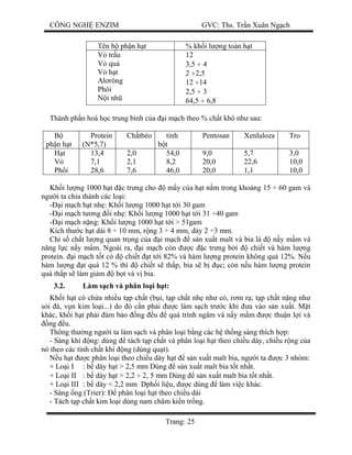CÔNG NGH ENZIM GVC: Ths. Tr n Xuân Ng ch
Trang: 25
Tên b ph n h t % kh i l ng toàn h t
tr u
qu
h t
Al rông
Phôi
i nh
12
3,5 ÷ 4
2 ÷2,5
12 ÷14
2,5 ÷ 3
64,5 ÷ 6,8
Thành ph n hoá h c trung bình c a i m ch theo % ch t khô nh sau:
ph n h t
Protein
(N*5,7)
Ch tbéo tinh
t
Pentosan Xenluloza Tro
t
Phôi
13,4
7,1
28,6
2,0
2,1
7,6
54,0
8,2
46,0
9,0
20,0
20,0
5,7
22,6
1,1
3,0
10,0
10,0
Kh i l ng 1000 h t c tr ng cho m y c a h t n m trong kho ng 15 ÷ 60 gam và
ng i ta chia thành các lo i:
i m ch h t nh : Kh i l ng 1000 h t t i 30 gam
i m ch t ng i nh : Kh i l ng 1000 h t t i 31 ÷40 gam
i m ch n ng: Kh i l ng 1000 h t t i > 51gam
Kích th c h t dài 8 ÷ 10 mm, r ng 3 ÷ 4 mm, dày 2 ÷3 mm.
Ch s ch t l ng quan tr ng c a i m ch s n xu t malt và bia là n y m m và
ng l c n y m m. Ngoài ra, i m ch còn c c tr ng b i chi t và hàm l ng
protein. i m ch t t có chi t t t i 82% và hàm l ng protein không quá 12%. N u
hàm l ng t quá 12 % thì chi t s th p, bia s b c; còn n u hàm l ng protein
quá th p s làm gi m b t và v bia.
3.2. Làm s ch và phân lo i h t:
Kh i h t có ch a nhi u t p ch t (b i, t p ch t nh nh c , r m r ; t p ch t n ng nh
i á, v n kim lo i...) do ó c n ph i c làm s ch tr c khi a vào s n xu t. M t
khác, kh i h t ph i m b o ng u quá trình ngâm và n y m m c thu n l i và
ng u.
Thông th ng ng i ta làm s ch và phân lo i b ng các h th ng sàng thích h p:
- Sàng khí ng: dùng tách t p ch t và phân lo i h t theo chi u dày, chi u r ng c a
nó theo các tính ch t khi ng (dùng qu t).
u h t c phân lo i theo chi u dày h t s n xu t malt bia, ng i ta c 3 nhóm:
+ Lo i I : b dày h t > 2,5 mm Dùng s n xu t malt bia t t nh t.
+ Lo i II : b dày h t > 2,2 ÷ 2, 5 mm Dùng s n xu t malt bia t t nh t.
+ Lo i III : b dày < 2,2 mm Dph i li u, c dùng làm vi c khác.
- Sàng ng (Trier): phân lo i h t theo chi u dài
- Tách t p ch t kim lo i dùng nam châm ki n tr ng.
 