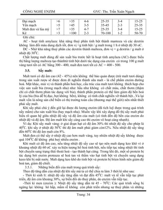 CÔNG NGH ENZIM GVC: Ths. Tr n Xuân Ng ch
Trang: 34
i m ch
n m ch
Malt en và lúa m
Kê
>6
>5
>7
>3
>35
>45
>35
>100
4-6
3-5
4-7
2-3
25-35
35-45
25-35
70-100
3-4
2-3
3-4
1-2
15-25
25-35
15-25
50-70
Ghi chú:
AC - ho t tính amylaza: kh n ng thu phân tinh b t thành mantoza và các dextrin
không làm i màu dung d ch i t, n v =g tinh b t / g malt trong 1 h nhi t 30 oC.
DC - Nh kh n ng thu phân các dextrin thành maltoza, n v = g dextrin / g malt
nhi t 300
C.
Ch t l ng malt dùng s n xu t bia tr c h t là ho t tính amylaza (AC) c bi u
th b ng l ng maltoza t o thànht tinh b t d i tác d ng c a enzim có trong 100 g malt
vàng t i t t có AC b ng 300 - 400, malt en t i t t có AC = 400 - 500.
3.5. y malt:
Malt t i có m cao (42 - 45%) nên không th b o qu n c (tr malt t i dùng)
trong s n xu t r u s c em i nghi n thành s a malt - là ch ph m enzim ng
hoá. M t khác, mùi v và thành ph n hoá h c, c u trúc c a malt t i không thích h p cho
vi c s n xu t bia (trong m ch nha) nh : h u nh không có ch t màu, ch t th m (th m
chí có ch t th m ph n tác d ng v i bia), thành ph n protein có th làm gi m b n hoá
lý c a bia (bia d b c, b t không b n), không có tính ch t nghi n v thành b t...V l i
malt v n là nông s n ch bi n có th tr ng toàn c u (th ng m i th gi i) nên nh t thi t
ph i s y malt.
Khi s y ph i chú ý n gi l i c l ng enzim ( ã tích lu c trong quá trình
y m m) cho s n xu t bia (hay m ch nha). Mu n v y khi xây d ng th s y malt ph i
hi u rõ quan h gi a nhi t s y và m c a malt (có tính n b n c a enzim do
nhi t và m. m malt khi s y càng cao thì enzim vô ho t càng nhanh).
Ví d : Khi s y malt vàng: giai n h t có m 30% thì nhi t s y cho phép là
400
C. khi s y nhi t 500
C thì m malt ph i gi m còn12%. N u nhi t s y t ng
n 600
C thì m malt còn 8%.
Malt en có th s y nhi t cao h n malt vàng, tuy nhiên nhi t s y không c
quá 1040
C không phá hu nhi u enzim .
Khi malt có m cao, n u t ng nhi t s y cao s t o nên malt d ng keo khô vì
kho ng nhi t 60 oC x y ra hi n t ng h hoá tinh b t, n u ti p t c nâng nhi t thì tinh
t chuy n sang tr ng thái thoái hoá - t o thành h t c ng. Trong khi ó, m t s protein b
tác d ng b i enzim proteaza s hoà tan và th m vào h t tinh b t và chuy n sang d ng
keeo khi b m t n c. Malt d ng keo khô do tinh b t và protein b biíen hình nên gi m
hoà tan, gi m chi t.
3.5.1. Nh ng bi n i c a malt trong quá trình s y:
Theo t ng d n c a nhi t khi s y mà ta có th chia ra làm 3 th i kì nh sau:
- Th i kì sinh lí: nhi t s y t ng d n và t n 450
C: malt và r v n ti p t c phát
tri n, m còn kho ng 30%, s bi n i do thu phân, do enzim v n ti p t c.
-Th i kì men (enzim ): Nhi t s y t ng d n t 45 - 700
C: Các quá trình s ng b
ng ng l i: không hô h p, m m r không còn phát tri n nh ng s thu phân và nh ng
 