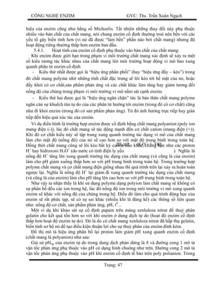 CÔNG NGH ENZIM GVC: Ths. Tr n Xuân Ng ch
Trang: 47
hi u c a enzim c ng nh h ng s Michoelis. T t nhiên nh ng thay i này ph thu c
nhi u vào b n ch t c a ch t mang, nói chung enzim c nh th ng tro nên b n v i các
u t gây bi n tính h n (vì nó ã c “làm b n” ph n nào b i ch t mang) nh ng
ho t ng riêng th ng th p h n enzim ban u.
5.4.1. Ho t tính c a enzim c nh ph thu c vào b n ch t c a ch t mang:
Khi enzim c gi i h n trong ph m vi môi tr ng ch t mang xác nh s x y ra m t
ki u t ng tác khác nhau c a ch t mang lên môi tr ng ho t ng vi mô bao xung
quanh phân t enzim c nh
- Ki u th nh t c g i là “hi u ng phân ph i” (hay “hi u ng y – kéo”) trong
ó ch t mang polyme nh nh ng tính ch t c tr ng s lôi kéo t i b m t c a nó, ho c
y kh i có c ch t,s n ph m ph n ng và các ch t khác làm t ng hay gi m t ng i
ng c a chúng trong ph m vi môi tr ng vi mô n m sát c nh enzim.
- Ki u th hai c g i là “hi u ng ng n ch n” t c là b n thân ch t mang polyme
ng n c n s khu ch tán t do c a các phân t h ng t i enzim (trong ó có c ch t) c ng
nh i kh i enzim (trong ó có s n ph m ph n ng). T ó nh h ng tr c ti p hay gián
ti p n hi u qu xúc tác c a enzim.
Ví d n hình là tr ng h p enzim c c nh b ng ch t mang polyanion (poly ion
mang n (-)), lúc ó ch t mang s tác ng m nh n c ch t cation (mang n (+)).
Khi ó c ch t ki u này s t p trung xung quanh tr ng tác d ng vi mô c a ch t mang
làm cho m t (n ng ) c a nó s cao h n so v i m t trung bình trong toàn h .
ng th i ch t mang c ng s lôi kéo b t k cation nào khác, ch ng h n nh các proton
H+
hay hidroxoni H3O+
(do n c có tính n ly y u ). Ngh a là
ng H+
t ng lên xung quanh tr ng tác d ng c a ch t mang (và c ng là c a enzim)
làm cho pH gi m xu ng th p h n so v i pH trung binh trong toàn h . Trong tr ng h p
polyme ch t mang và c ch t mang n gi ng nhau thì quá trình trên l i x y ra hoàn toàn
ng c l i. Ngh a là n ng H+
l i gi m i xung quanh tr ng tác d ng c a ch t mang
(và c ng là c a enzim) làm cho pH t ng lên cao h n so v i pH trung bình trong toàn h .
Nh v y ta nh n th y là khi s d ng polyme d ng polyion làm ch t mang s không có
phân b u các ion trong h , lúc ó n ng ion trong môi tr ng vi mô xung quanh
enzim s khác v i n ng c a chúng trong h . u ó làm cho quá trình ng h c c a
enzim s r t ph c t p, s có s sai khác (nhi u khi là áng k ) các thông s liên quan
nh : n ng c ch t, s n ph m ph n ng, pH, t0
...
t ví d khi kh o sát s c nh papain trên màng xenluloza nitrat thu phân
gelatin cho k t qu t n h n so v i khi enzim dung d ch t do (ho t enzim c nh
th p h n ho t enzim t do). ó là do có ch t mang xenluloza nitrat ã h p th gelatin,
bi n tính s b nó t o u ki n thu n l i cho s thu phân c a enzim ính kèm.
th mô t hi u ng phân b l i proton làm gi m pH xung quanh enzim c nh
(ch t mang là polyanion) nh sau:
Gi s pHop c a enzim t do trong dung d ch ph n d ng là 8 và ng cong 1 mô t
n t c ph n ng ph thu c vào pH có d ng hình chuông nh trên. ng cong 2 mô t
n t c ph n ng ph thu c vào pH khi enzim c nh t bào trên poly polianion. Trong
2H2
O
H3O+
+ OH
 