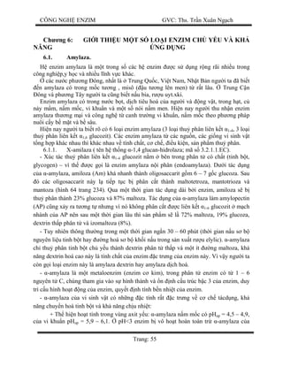 CÔNG NGH ENZIM GVC: Ths. Tr n Xuân Ng ch
Trang: 55
Ch ng 6: GI I THI U M T S LO I ENZIM CH Y U VÀ KH
NG NG D NG
6.1. Amylaza.
enzim amylaza là m t trong s các h enzim c s d ng r ng rãi nhi u trong
công nghi p,y h c và nhi u l nh v c khác.
các n c ph ng ông, nh t là Trung Qu c, Vi t Nam, Nh t B n ng i ta ã bi t
n amylaza có trong m c t ng , misô ( u t ng lên men) t r t lâu. Trung C n
ông và ph ng Tây ng i ta c ng bi t n u bia, r u uyt.xki.
Enzim amylaza có trong n c b t, d ch tiêu hoá c a ng i và ng v t, trong h t, c
y m m, n m m c, vi khu n và m t s nòi n m men. Hi n nay ng i thu nh n enzim
amylaza th ng m i và công ngh t canh tr ng vi khu n, n m m c theo ph ng pháp
nuôi c y b m t và b sâu.
Hi n nay ng i ta bi t rõ có 6 lo i enzim amylaza (3 lo i thu phân liên k t 1-4, 3 lo i
thu phân liên k t 1,6 glucozit). Các enzim amylaza t các ngu n, các gi ng vi sinh v t
ng h p khác nhau thì khác nhau v tính ch t, c ch , u ki n, s n ph m thu phân.
6.1.1. X-amilaza ( tên h th ng -1,4 glucan-hidrolaza; mã s 3.2.1.1.EC).
- Xúc tác thu phân liên k t 1-4 glucozit n m bên trong phân t có ch t (tinh b t,
glycogen) – vì th c g i là enzim amylaza n i phân (endoamylaza). D i tác d ng
a -amylaza, amiloza (Am) khá nhanh thành oligosaccarit g m 6 – 7 g c glucoza. Sau
ó các oligosaccarit này l ti p t c b phân c t thành maltotetroza, mantotrioza và
mantoza (hình 64 trang 234). Qua m t th i gian tác d ng dài b i enzim, amiloza s b
thu phân thành 23% glucoza và 87% maltoza. Tác d ng c a -amylaza làm amylopectin
(AP) c ng x y ra t ng t nh ng vì nó không phân c t c liên k t 1-6 glucozit m ch
nhánh c a AP nên sau m t th i gian lâu thì s n ph m s l 72% maltoza, 19% glucoza,
dextrin th p phân t và izomaltoza (8%).
- Tuy nhiên thông th ng trong m t th i gian ng n 30 – 60 phút (th i gian n u s b
nguyên li u tinh b t hay ng hoá s b kh i n u trong s n xu t r u elylic). -amylaza
ch thu phân tinh b t ch y u thành dextrin phân t th p và m t ít ng maltoza, kh
ng dextrin hoá cao này là tính ch t c a enzim c tr ng c a enzim này. Vì v y ng i ta
còn g i lo i enzim này là amylaza dextrin hay amylaza d ch hoá.
- -amylaza là m t metaloenzim (enzim c kim), trong phân t enzim có t 1 – 6
nguyên t C, chúng tham gia vào s hình thành và n nh c u trúc b c 3 c a enzim, duy
trì c u hình ho t ng c a enzim, quy t nh tính b n nhi t c a enzim.
- -amylaza c a vi sinh v t có nh ng c tính r t c tr ng v c ch tácd ng, kh
ng chuy n hoá tinh b t và kh n ng ch u nhi t:
+ Th hi n ho t tính trong vùng axit y u: -amylaza n m m c có pHop = 4,5 – 4,9,
a vi khu n pHop = 5,9 – 6,1. pH<3 enzim b vô ho t hoàn toàn tr -amylaza c a
 
