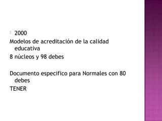  2000
Modelos de acreditación de la calidad
educativa
8 núcleos y 98 debes
Documento especifico para Normales con 80
debes
TENER
 
