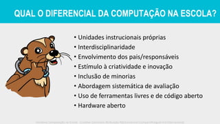Iniciativa Computação na Escola - Creative Commons Atribuição-NãoComercial-CompartilhaIgual 4.0 Internacional
QUAL O DIFERENCIAL DA COMPUTAÇÃO NA ESCOLA?
• Unidades instrucionais próprias
• Interdisciplinaridade
• Envolvimento dos pais/responsáveis
• Estímulo à criatividade e inovação
• Inclusão de minorias
• Abordagem sistemática de avaliação
• Uso de ferramentas livres e de código aberto
• Hardware aberto
 