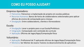 COMO EU POSSO AJUDAR?
Empresa Apoiadora:
✓ Patrocínio: Patrocinar a implantação do projeto em escolas públicas
✓ Recursos Humanos: Banco de horas de colaboradores selecionados para aplicar
oficinas de ensino de computação para crianças
✓ Divulgação: Entre colaboradores, clientes e fornecedores
Escola:
✓ Divulgação: Levar o projeto para a sua Escola/Prefeitura
✓ Integração: Computação com conteúdo do currículo
✓ Aplicação: Oficinas de Jogos/Apps/Computação física
Voluntário:
✓ Aplicação: Profissional de TI aplicando oficinas de Jogos/Apps/Computação física
✓ Mentoria: Ser Mentor de Jovens Tutores no desenvolvimento de aplicativos
Iniciativa Computação na Escola - Creative Commons Atribuição-NãoComercial-CompartilhaIgual 4.0 Internacional
 