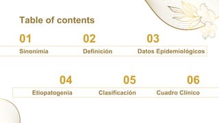 Table of contents
Sinonimia
01
Etiopatogenia
04
Datos Epidemiológicos
03
Cuadro Clínico
06
Definición
02
Clasificación
05
 
