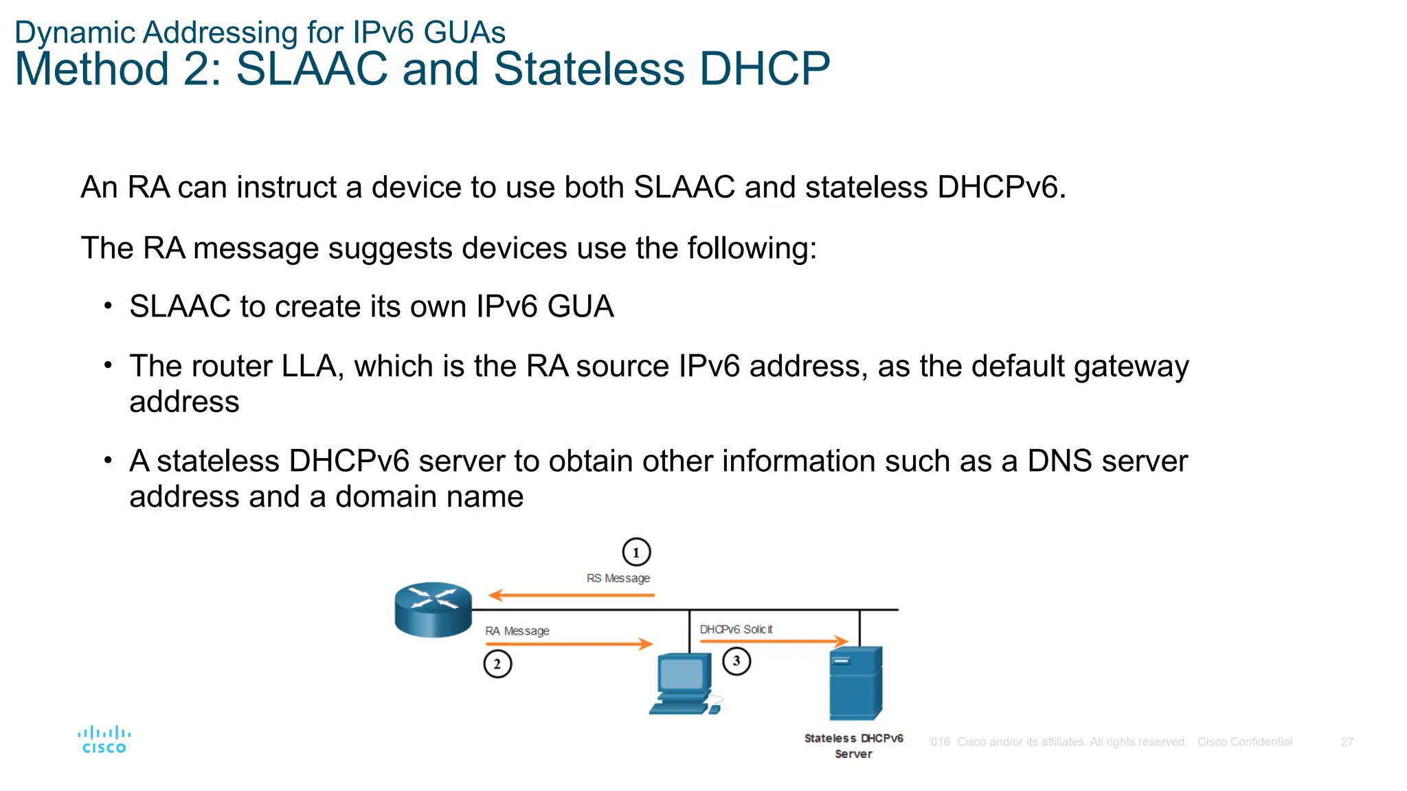 27
© 2016 Cisco and/or its affiliates. All rights reserved. Cisco Confidential
Dynamic Addressing for IPv6 GUAs
Method 2: SLAAC and Stateless DHCP
An RA can instruct a device to use both SLAAC and stateless DHCPv6.
The RA message suggests devices use the following:
• SLAAC to create its own IPv6 GUA
• The router LLA, which is the RA source IPv6 address, as the default gateway
address
• A stateless DHCPv6 server to obtain other information such as a DNS server
address and a domain name
 