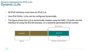 33
© 2016 Cisco and/or its affiliates. All rights reserved. Cisco Confidential
Dynamic Addressing for IPv6 LLAs
Dynamic LLAs
• All IPv6 interfaces must have an IPv6 LLA.
• Like IPv6 GUAs, LLAs can be configured dynamically.
• The figure shows the LLA is dynamically created using the fe80::/10 prefix and the
interface ID using the EUI-64 process, or a randomly generated 64-bit number.
 