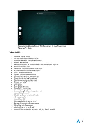 Nous allons installer quelques fonts et polices. Ce qui permet d'avoir un vaste choix que cela soit pour le 
traitement de texte ou bien encore pour le graphisme par exemple sous Gimp. 
$ yaourt -S ttf-dejavu ttf-ms-fonts ttf- google-fonts-git ttf-ubuntu-title 
Installation des composants de l'environnement graphique Gnome-shell 
$ yaourt -S gnome file-roller gedit gnome-clocks gnome-color-manager gnome-devel- 
docs gnome-getting-started-docs gnome-nettool gnome- photos gnome-weather 
gnome-logs nautilus-sendto gnome-tweak-tool gnome-settings-daemon-updates 
networkmanager-openvpn 
A partir d'ici vous avez un environnement de travail qui est donc opérationnel au niveau graphique, installation 
minimal d'élément. Utilisation d'environ 3,5GO sur le disque dur, 624 paquets et 140MB de RAM d'utilisation 
système en ligne de commande. 350MB de RAM en environnement graphique. 
Activer l'environnement graphique sous Gnome-Shell 
Systemd et gestionnaire de session utilisateur 
$ systemctl enable gdm 
Édition de initrc chez l'utilisateur missa 
nano ~/.initrc 
Ajoutez la ligne pour exécuter le bureau gnome 
exec gnome-session 
Puis redémarrer le système 
9 
Illustration 2: Gestionnaire de session GDM 
 