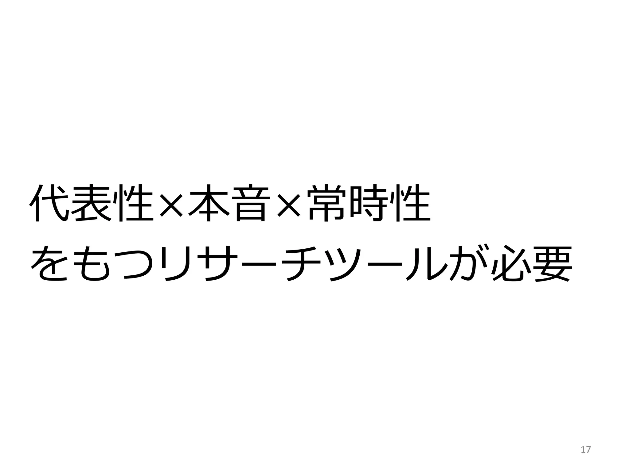 代表性×本音×常時性
をもつリサーチツールが必要
17
 