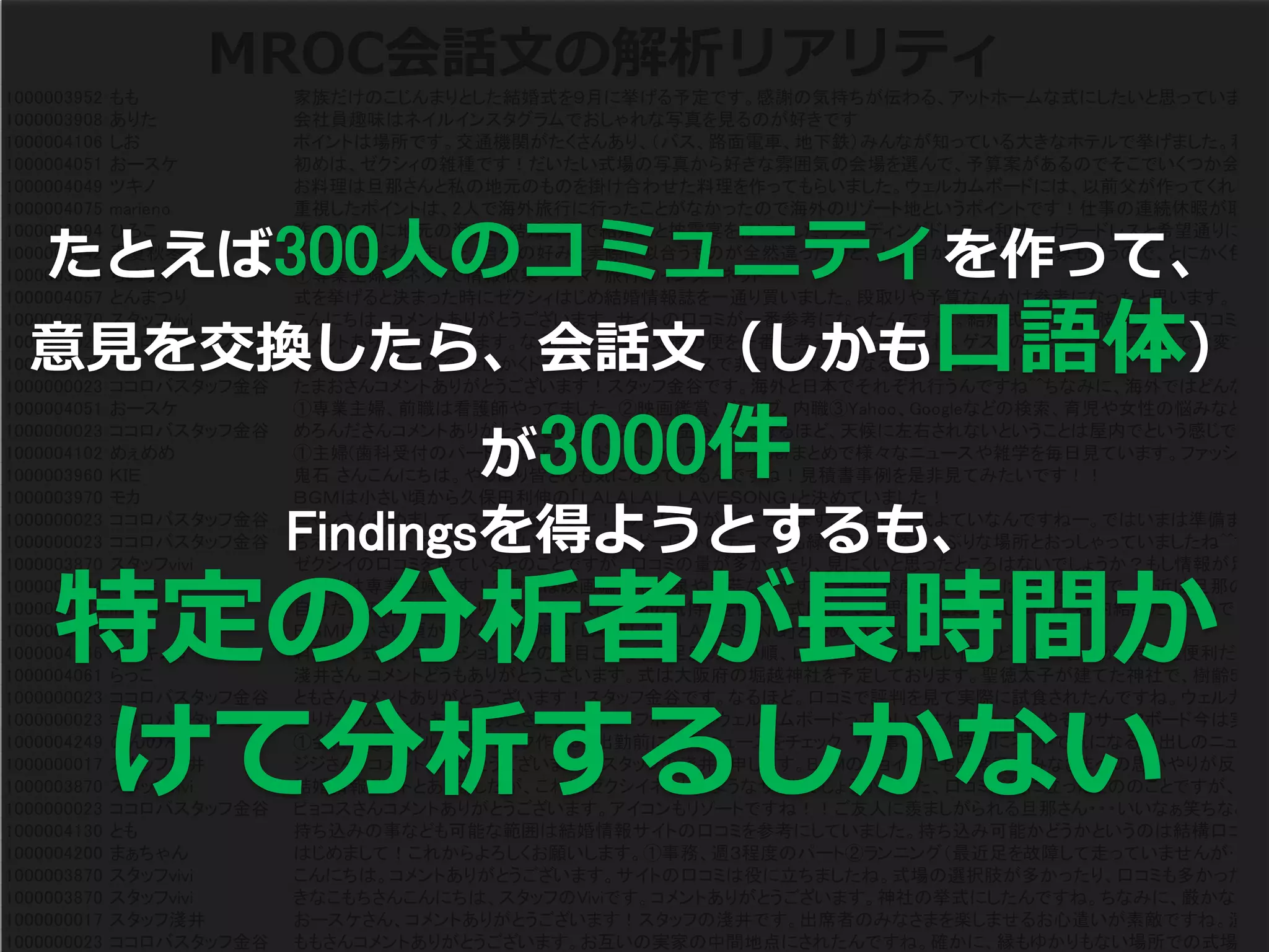 MROC会話文の解析リアリティ
1000003952 もも 家族だけのこじんまりとした結婚式を９月に挙げる予定です。感謝の気持ちが伝わる、アットホームな式にしたいと思っています。
1000003908 ありた 会社員趣味はネイルインスタグラムでおしゃれな写真を見るのが好きです
1000004106 しお ポイントは場所です。交通機関がたくさんあり、（バス、路面電車、地下鉄）みんなが知っている大きなホテルで挙げました。私は特
1000004051 おースケ 初めは、ゼクシィの雑種です！だいたい式場の写真から好きな雰囲気の会場を選んで、予算案があるのでそこでいくつか会場を
1000004049 ツキノ お料理は旦那さんと私の地元のものを掛け合わせた料理を作ってもらいました。ウェルカムボードには、以前父が作ってくれた「絆
1000004075 marieno 重視したポイントは、2人で海外旅行に行ったことがなかったので海外のリゾート地というポイントです！仕事の連続休暇が取れる
1000003994 ひろこ 昨年の９月に地元の海辺の結婚式場で結婚式と披露宴を行いました。ウエディングドレス→和装→カラードレスと希望通りにお色
1000003842 春夏秋冬 ドレスにこだわりました。自分の好みと実際に似合うものが全然違ったのと、人の目から見た時の印象も違うので、とにかく色々着
1000003910 ちいりん ①専業主婦②ネットで情報収集・フリマ・旅行③インターネット
1000004057 とんまつり 式を挙げると決まった時にゼクシィはじめ結婚情報誌を一通り買いました。段取りや予算なんかは参考になったと思います。
1000003870 スタッフvivi こんにちは。コメントありがとうございます。サイトの口コミが一番参考になったんですね。結婚式場の選択肢も多いし、口コミ自体
1000000023 ココロバスタッフ金谷 コメントありがとうございます。なるほどー立地・交通の便を一番に考えられたんですね。ゲストのことを考えつつなので大変ですよ
1000003970 モカ 写真は一生残るので、とにかくドラマチックでゴージャスで非日常的な絵になるロケーション！！
1000000023 ココロバスタッフ金谷 たまおさんコメントありがとうございます！スタッフ金谷です。海外と日本でそれぞれ行うんですね^^ちなみに、海外ではどんなイメ
1000004051 おースケ ①専業主婦、前職は看護師やってました。②映画鑑賞、ドライブ、内職③Yahoo、Googleなどの検索、育児や女性の悩みなどは「
1000000023 ココロバスタッフ金谷 めろんださんコメントありがとうございます。スタッフ金谷です。なるほど、天候に左右されないということは屋内でという感じでしょう
1000004102 めぇめめ ①主婦(歯科受付のパート)②ピアノ、バドミントン③アプリのnaverまとめで様々なニュースや雑学を毎日見ています。ファッションに
1000003960 ＫＩＥ 鬼石 さんこんにちは。やっぱり皆さんも気になっているんですね！見積書事例を是非見てみたいです！！
1000003970 モカ ＢＧＭは小さい頃から久保田利伸の「ＬＡＬＡＬＡＬ　ＬＡＶＥＳＯＮＧ」と決めていました！
1000000023 ココロバスタッフ金谷 ニャンさん初めまして、スタッフ金谷です！コメントありがとうございます。12月に挙式よていなんですねー。ではいまは準備まった
1000000023 ココロバスタッフ金谷 ちえさんコメントありがとうございます。なるほどーほかのテーマでも緑と青の自然たっぷりな場所とおっしゃっていましたね^^ちなみ
1000003870 スタッフvivi ゼクシイの口コミを見ているとのことですが、口コミの量が多かったり、見にくいと思ったところはないでしょうか？もし情報が足りな
1000004134 ちあき １.職業は専業主婦です！2.趣味は映画鑑賞や温泉や手芸などですが、子供が産まれてからはできないので、最近は旦那の休日
1000003863 ma193 自分たちのためというより、家族や友人に感謝の気持ちを伝える式にしたいと思い、結婚式をしました。社内結婚だったので、会社
1000003970 モカ ＢＧＭは小さい頃から久保田利伸の「ＬＡＬＡＬＡＬ　ＬＡＶＥＳＯＮＧ」と決めていました！
1000004166 チビキノコ 料理や、式場、ロケーションなどの項目ごとで、満足度の高い順、口コミの投稿が新しい順などに並べ替えができると便利だと思い
1000004061 らっこ 淺井さん コメントどうもありがとうございます。式は大阪府の堀越神社を予定しております。聖徳太子が建てた神社で、樹齢550年
1000000023 ココロバスタッフ金谷 ともさんコメントありがとうございます！スタッフ金谷です。なるほど。口コミで評判を見て実際に試食されたんですね。ウェルカムス
1000000023 ココロバスタッフ金谷 ありたさんコメントありがとうございます。サーフボードでウェルカムボードっていいですね！・・・もしやそのサーフボード今は実際に
1000004249 のんのん ①会社員②パズル&フォトブック作り③・出勤前に朝のニュースをチェック　・仕事の休み時間にネットで気になる見出しのニュース
1000000017 スタッフ淺井 ジジさん、コメントありがとうございます！スタッフの淺井と申します。BGMのチョイスにも出席者のみなさまへの思いやりが反映され
1000003870 スタッフvivi 結婚情報サイトとありましたが、これはゼクシイネットのようなサイトでしょうか？また、口コミが役に立ったとののことですが、口コ
1000000023 ココロバスタッフ金谷 ピョコスさんコメントありがとうございます。アイコンもリゾートですね！！ご友人に羨ましがられる旦那さん・・・いいなぁ笑ちなみに
1000004130 とも 持ち込みの事なども可能な範囲は結婚情報サイトの口コミを参考にしていました。持ち込み可能かどうかというのは結構口コミに
1000004200 まぁちゃん はじめまして！これからよろしくお願いします。①事務、週３程度のパート②ランニング（最近足を故障して走っていませんが…涼し
1000003870 スタッフvivi こんにちは。コメントありがとうございます。サイトの口コミは役に立ちましたね。式場の選択肢が多かったり、口コミも多かったりし
1000003870 スタッフvivi きなこもちさんこんにちは、スタッフのViviです。コメントありがとうございます。神社の挙式にしたんですね。ちなみに、厳かな雰囲
1000000017 スタッフ淺井 おースケさん、コメントありがとうございます！スタッフの淺井です。出席者のみなさまを楽しませるお心遣いが素敵ですね。演出な
1000000023 ココロバスタッフ金谷 ももさんコメントありがとうございます。お互いの実家の中間地点にされたんですね。確かに、縁もゆかりもない場所での式場探し
たとえば300人のコミュニティを作って、
意見を交換したら、会話文（しかも口語体）
が3000件
Findingsを得ようとするも、
特定の分析者が長時間か
けて分析するしかない
 